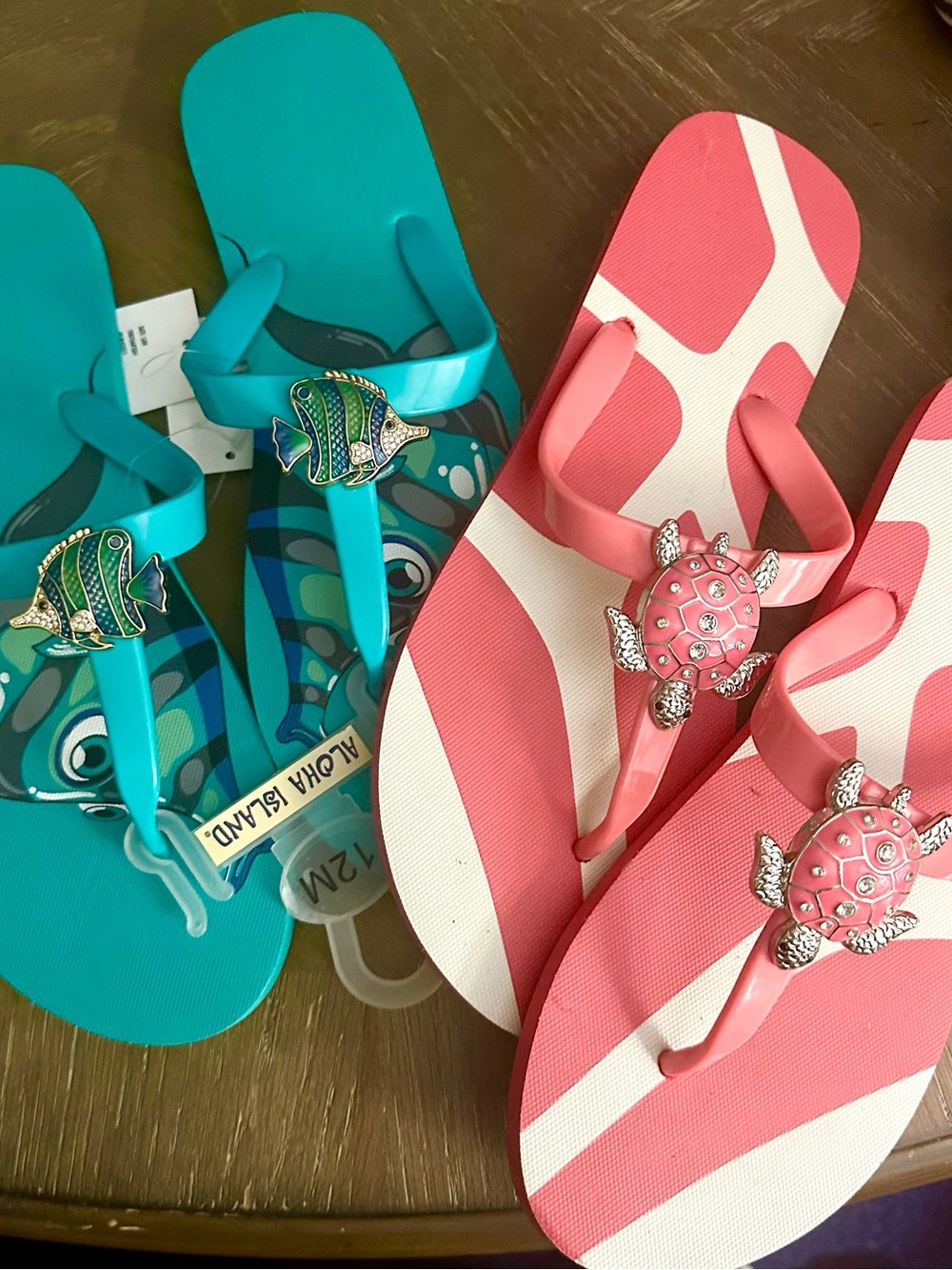 Aloha Island Women’s Flip-Flops with Pink Turtle & Teal Fish Charms